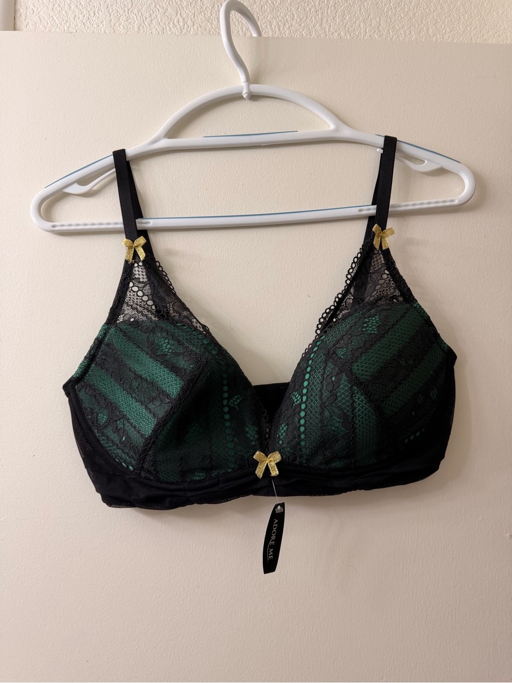 Adore Me Green and Black Lace Wireless Bra with Gold Bows